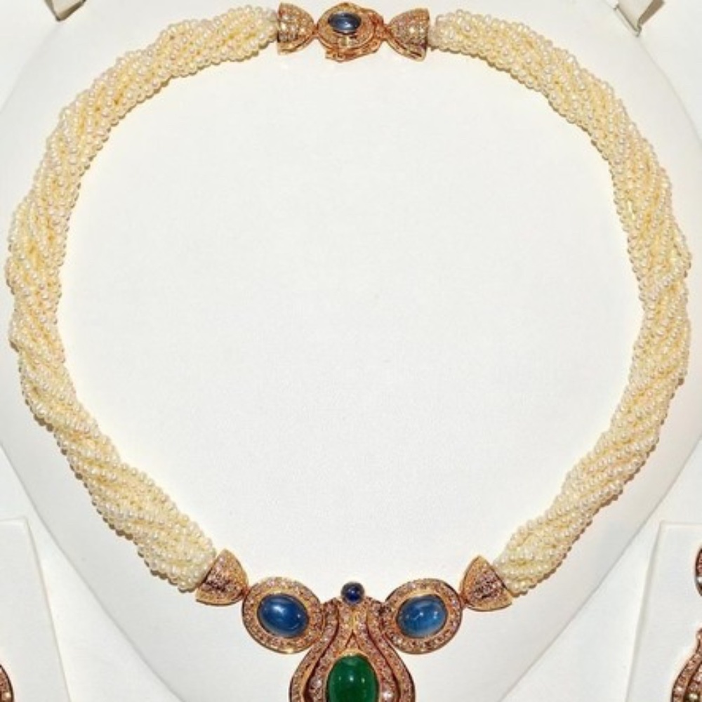 CERTIFIED NATURAL 141.4CTS VS F DIAMOND EMERALD SAPPHIRE PEARL 18K GOLD NECKLACE